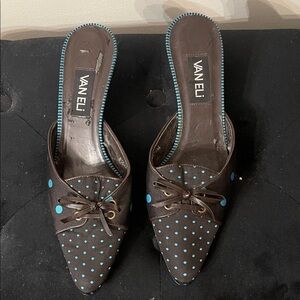 Vaneli Brown Pointed Mules with Turquoise Polka Dots
